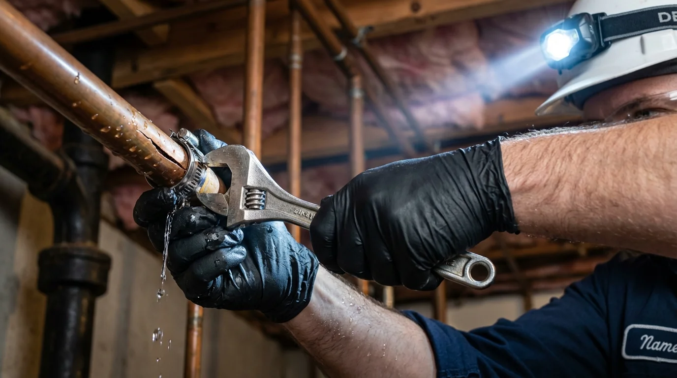 Emergency pipe clamp repair being performed by a Johns Plumbing LLC plumber in Rio Vista