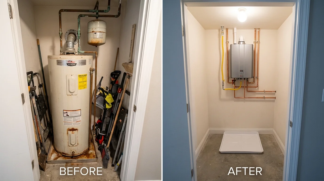 Tank water heater versus wall-mounted tankless unit comparison for Rio Vista, CA homeowners