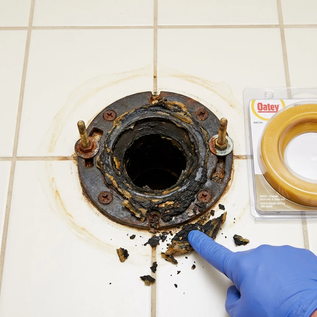Failed wax ring showing water seepage at the base of a toilet in a Rio Vista, CA home