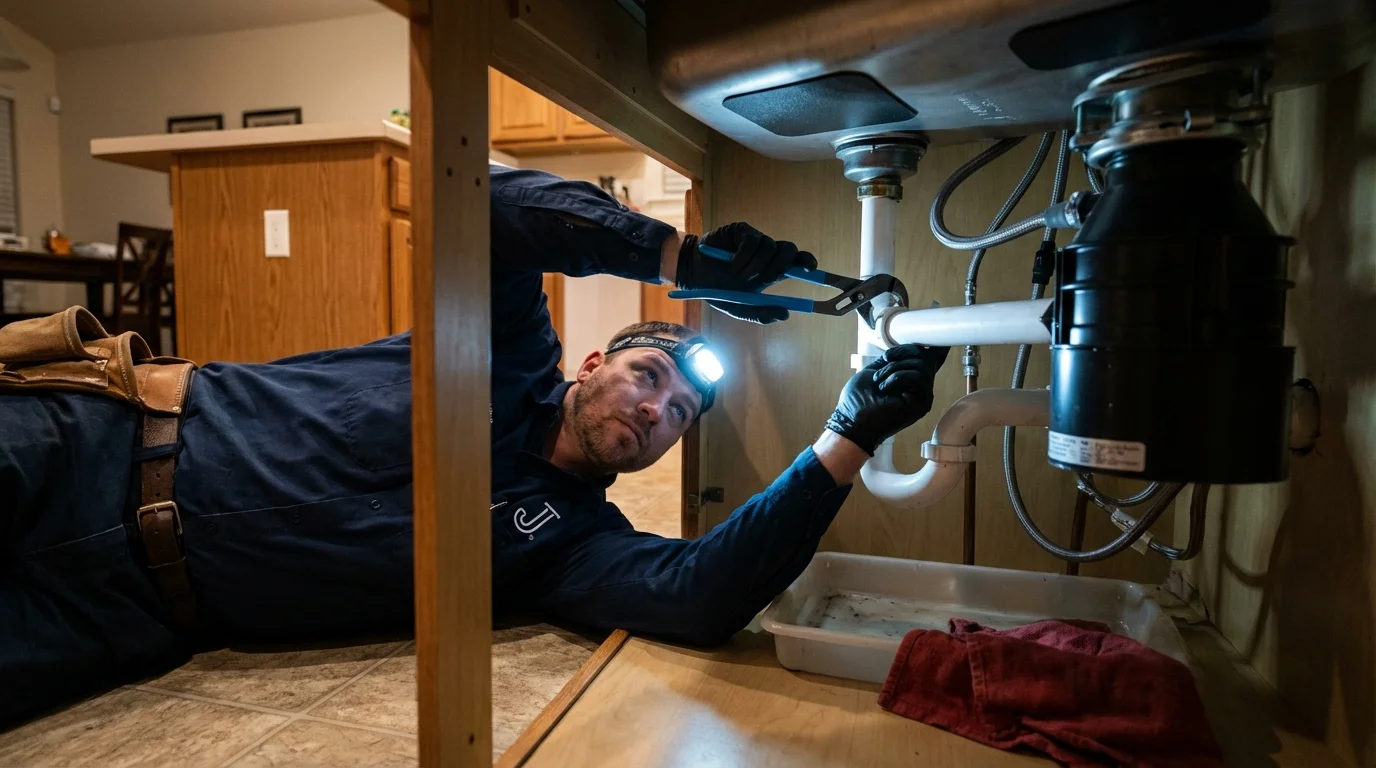 P-trap and supply line connections under a kitchen sink showing a common leak point in Rio Vista, CA